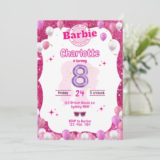 Glitter Doll Geïnspireerd Verjaardag Uitnodiging (Staand voorkant)