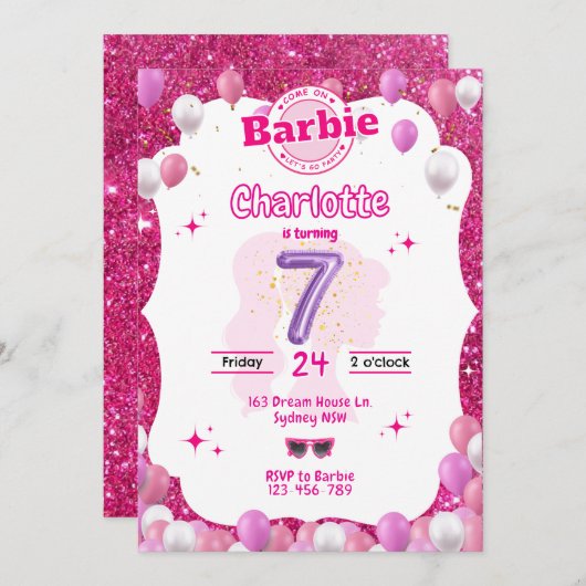 Glitter Doll Geïnspireerd Verjaardag Uitnodiging (Voorkant / Achterkant)