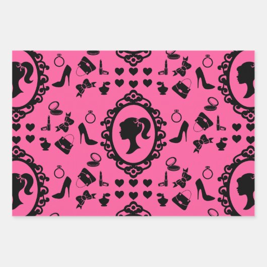 Glitter Doll Verjaardag Roze Glam Mode Inpakpapier Vel (Voorkant 3)