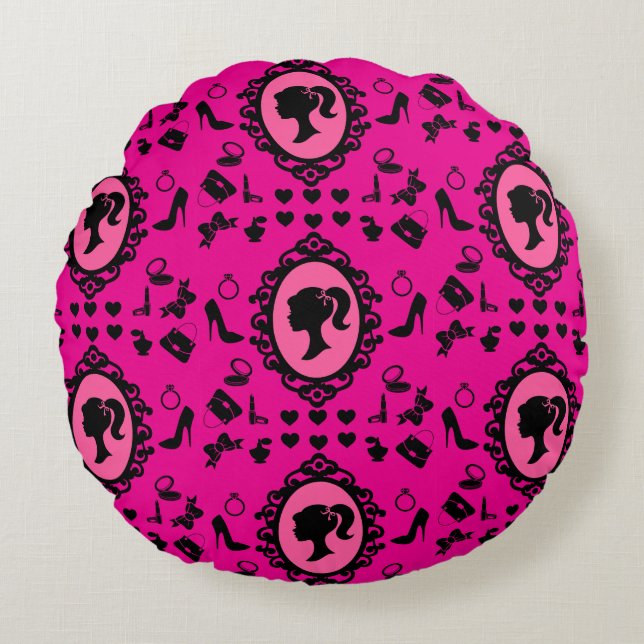 Glitter Doll Verjaardag Roze Glam Mode Rond Kussen (Voorkant)