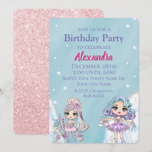 Glitter Dolls Girl's Winter Birthday Kaart (Voorkant / Achterkant)