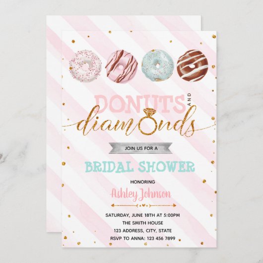 Glitter donuts en diamant thema uitnodiging (Voorkant / Achterkant)