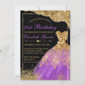 Glitter Dress 21st verjaardag van goud en Paars Kaart (Voorkant)