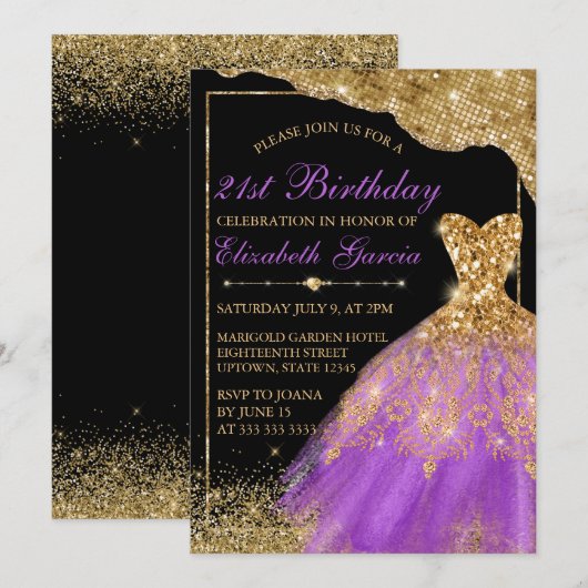 Glitter Dress 21st verjaardag van goud en Paars Kaart (Voorkant / Achterkant)