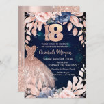 Glitter Dress Blue Flowers 18th Birthday Kaart<br><div class="desc">Elegant roos goudglitter druipt en elegante jurk op een blauw marineklein.</div>