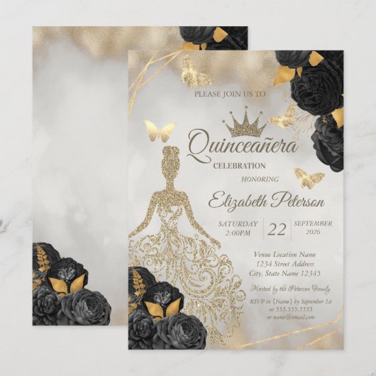 Glitter Dress,Butterfly Black Roses Quinceañera Kaart (Voorkant / Achterkant)