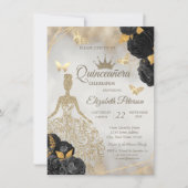 Glitter Dress,Butterfly Black Roses Quinceañera Kaart (Voorkant)