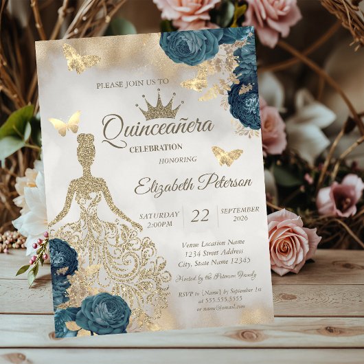 Glitter Dress,Butterfly Green Roses 15th Birthday Kaart