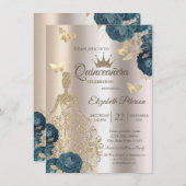 Glitter Dress,Butterfly Green Roses Champagne15th  Kaart (Voorkant / Achterkant)