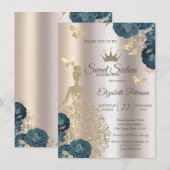 Glitter Dress,Butterfly Green Roses Sweet 16 Kaart (Voorkant / Achterkant)