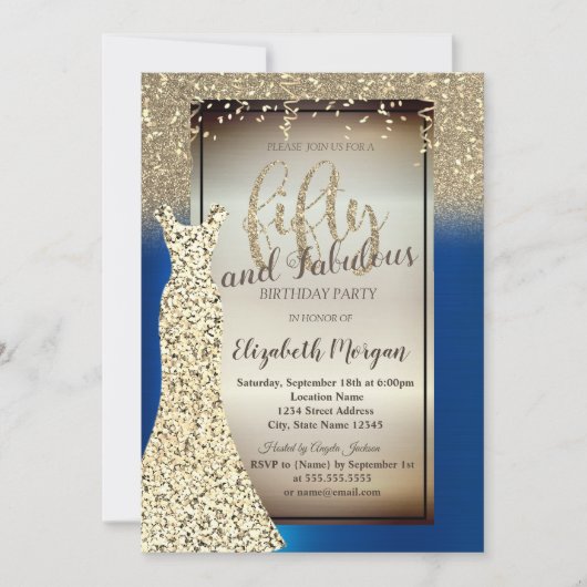 Glitter Dress, Confetti RoyalBlue 50ste verjaardag Kaart (Voorkant)