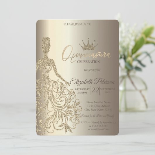 Glitter Dress, Diamonds Champagne Quinceañera Kaart (Staand voorkant)