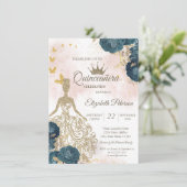 Glitter Dress,Gold Butterflies Green Roses 15th  Kaart (Staand voorkant)