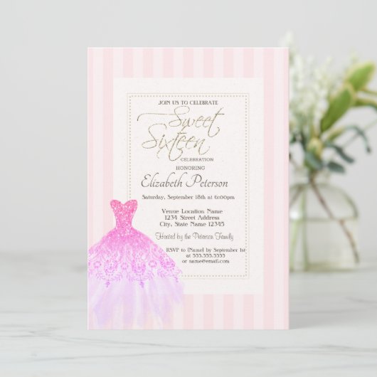 Glitter Dress Pink Stripes Sweet 16 Kaart (Staand voorkant)