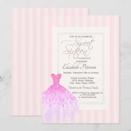 Glitter Dress Pink Stripes Sweet 16 Kaart (Voorkant / Achterkant)