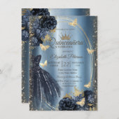 Glitter Dress,Roses,Butterflies Blue Metallic Kaart (Voorkant / Achterkant)