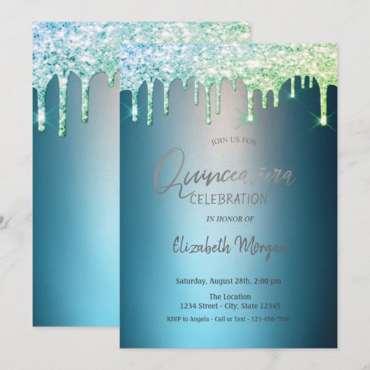 Glitter Drift Blue Quinceanera Kaart (Voorkant / Achterkant)