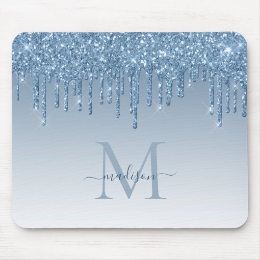 Glitter Drift Blue Sparkle Monogram Elegant Script Muismat (Voorkant)