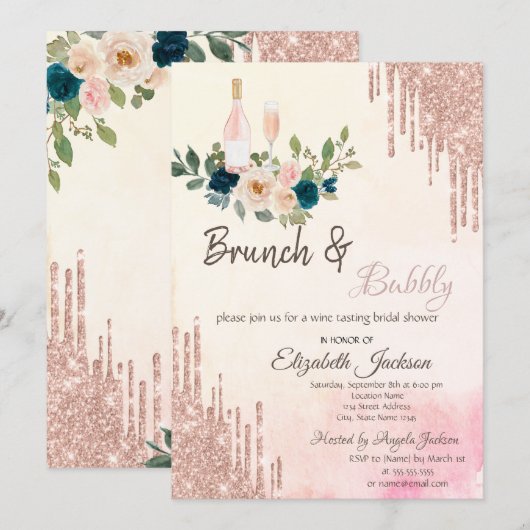 Glitter Drift Brunch & Bubble Vrijgezellenfeest Kaart (Voorkant / Achterkant)