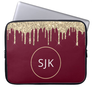 Glitter Drift Burgundy Gold Girly Monogramed Laptop Sleeve
