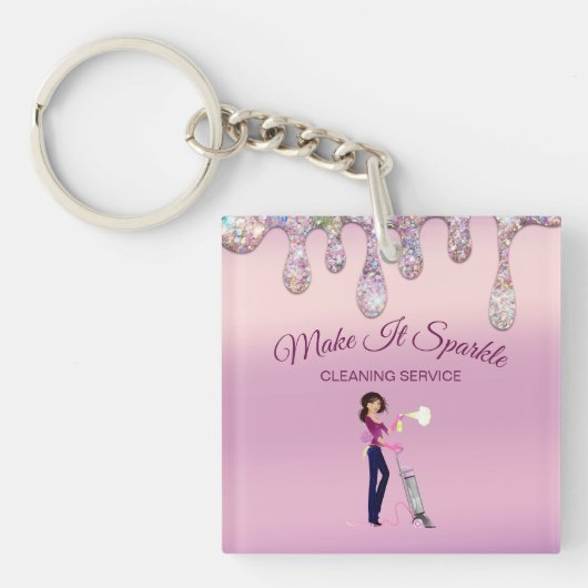 Glitter Drift Cartoon Maid Cleaning Service Sleutelhanger (Voorkant)