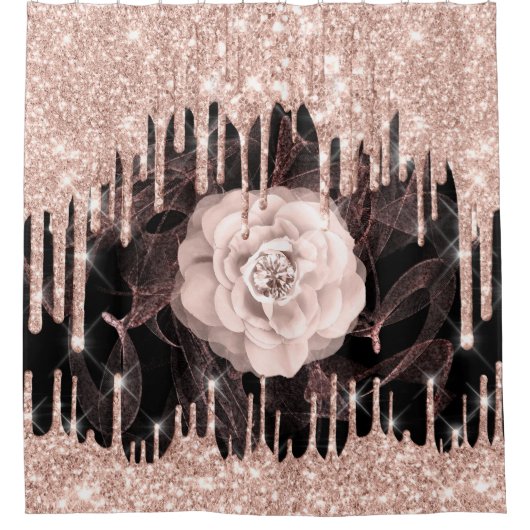 Glitter Drift Flower Diamond Roos Spark Black Douchegordijn (Voorkant)