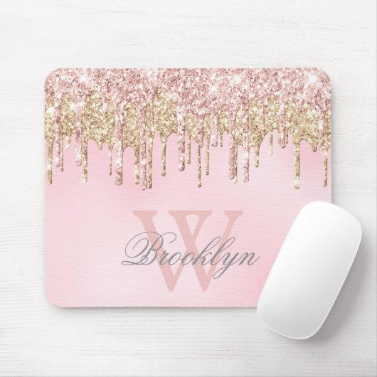 Glitter Drift Girly Blush Pink Gold Monogram Muismat (Met muis)