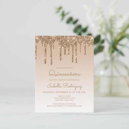 Glitter Drift Gold Quinceañera Party Briefkaart (Staand voorkant)
