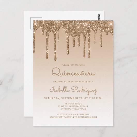 Glitter Drift Gold Quinceañera Party Briefkaart (Voorkant / Achterkant)