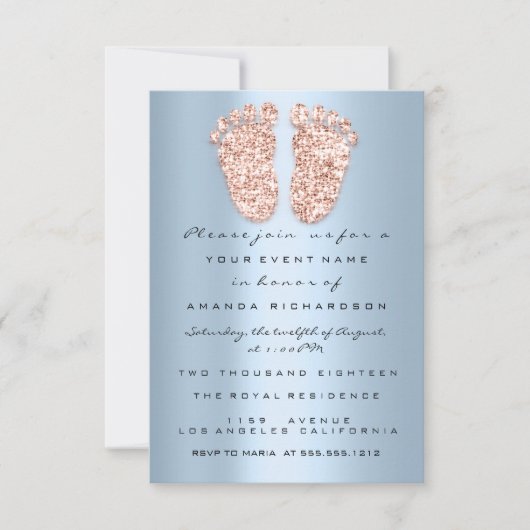 Glitter Drift Roos Blue Baby shower Feet Foot Kaart (Voorkant)
