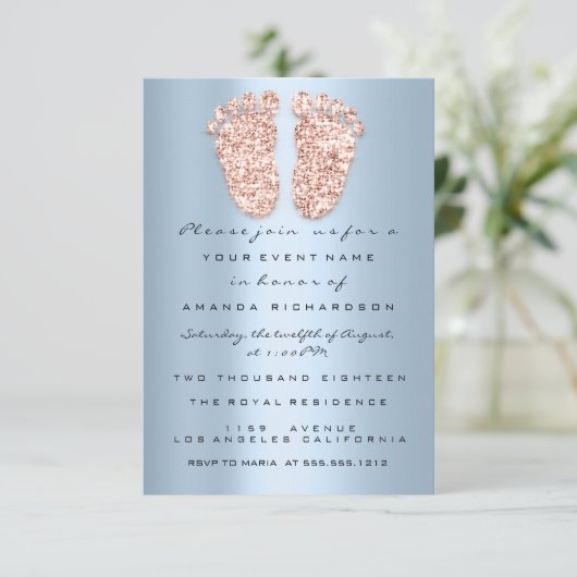Glitter Drift Roos Blue Baby shower Feet Foot Kaart (Staand voorkant)