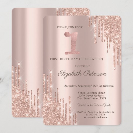 Glitter Drift Roos Gold 1e verjaardag Kaart (Voorkant / Achterkant)