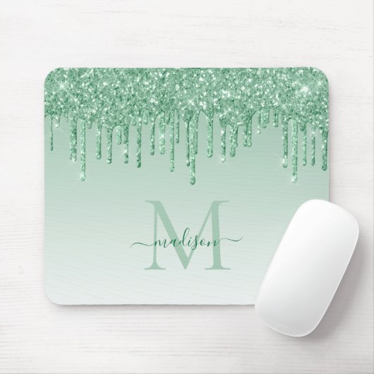 Glitter Drijft Mint Green Sparkle Monogram Elegant Muismat (Met muis)