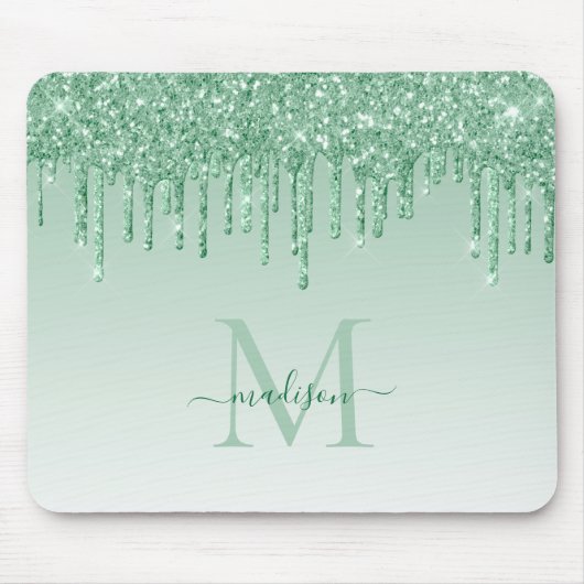 Glitter Drijft Mint Green Sparkle Monogram Elegant Muismat (Voorkant)