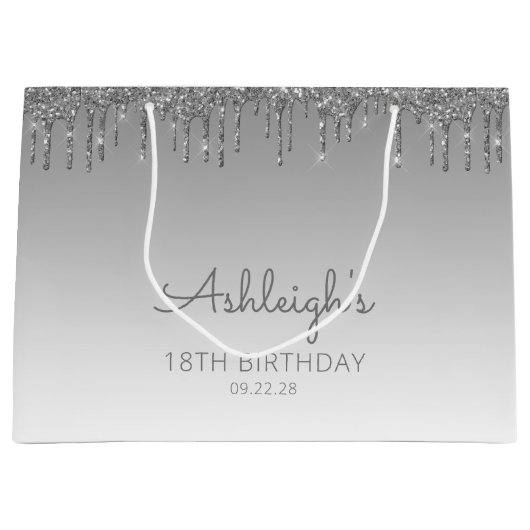 Glitter Drip 18th Birthday Silver Groot Cadeauzakje (Voorkant)