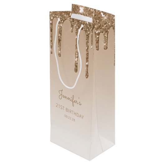 Glitter Drip 21st Birthday Gold Wijn Cadeautas (Achterkant Gekanteld)