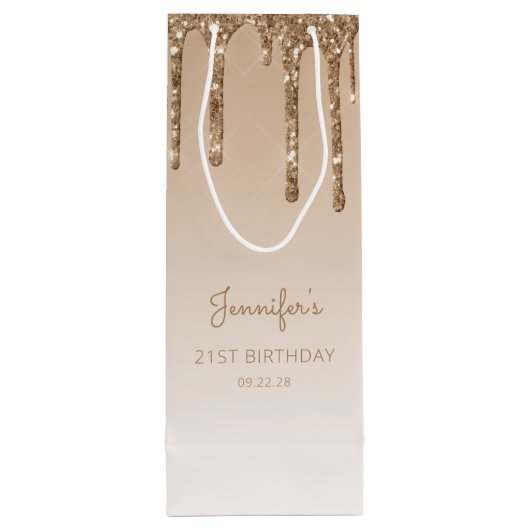 Glitter Drip 21st Birthday Gold Wijn Cadeautas (Achterkant)
