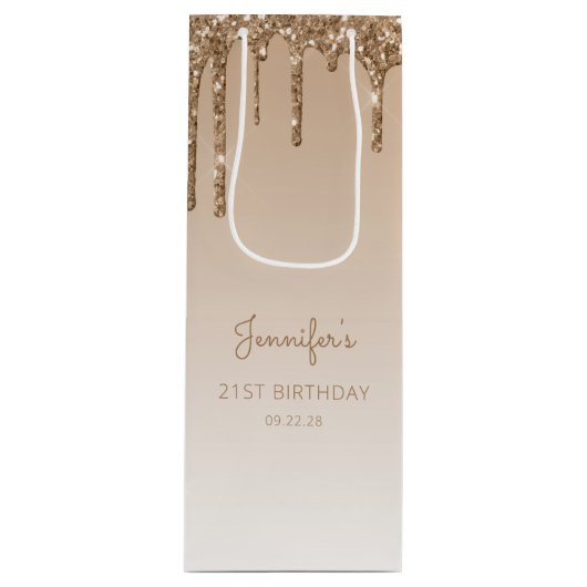 Glitter Drip 21st Birthday Gold Wijn Cadeautas (Voorkant)
