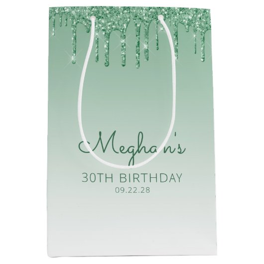 Glitter Drip 30th Birthday Green Medium Cadeauzakje (Voorkant)