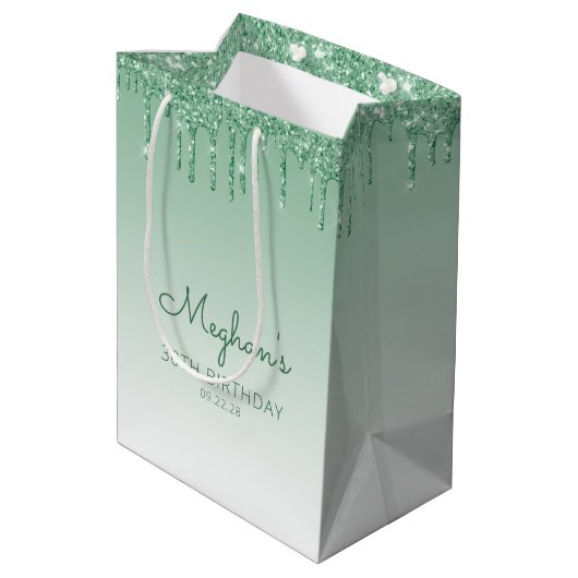 Glitter Drip 30th Birthday Green Medium Cadeauzakje (Achterkant Gekanteld)
