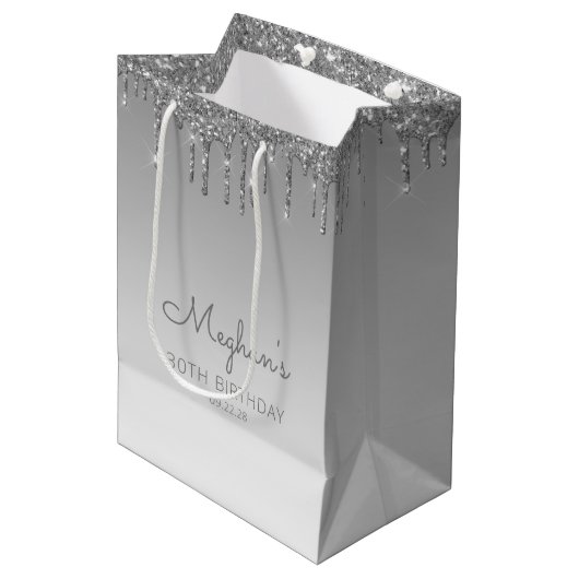 Glitter Drip 30th Birthday Silver Medium Cadeauzakje (Voorkant Gekanteld)