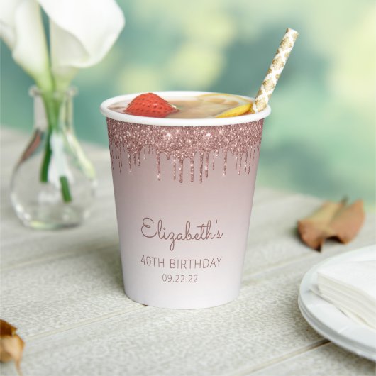 Glitter Drip 40th Birthday, speciaal Roos Papieren Bekers (Insitu)