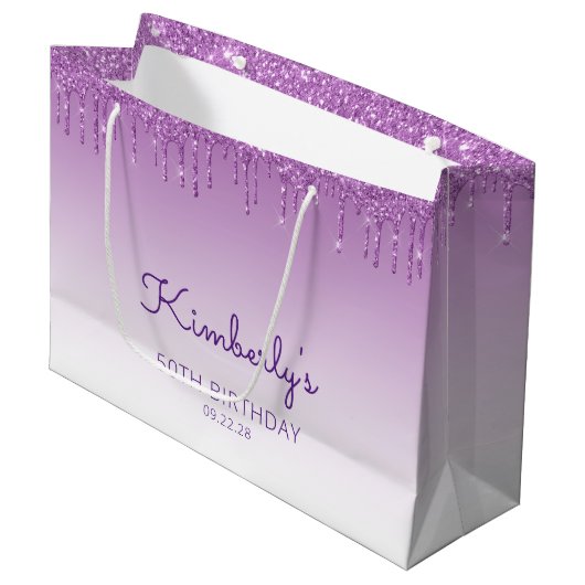 Glitter Drip 50th Birthday Paars Groot Cadeauzakje (Voorkant Gekanteld)