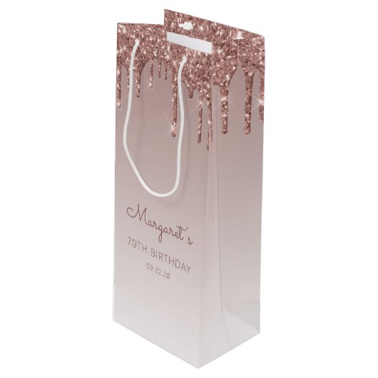 Glitter Drip 70th Birthday Roos Gold Wijn Cadeautas (Voorkant Gekanteld)