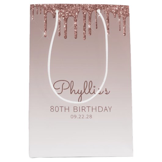 Glitter Drip 80th Birthday Roos Gold Medium Cadeauzakje (Voorkant)