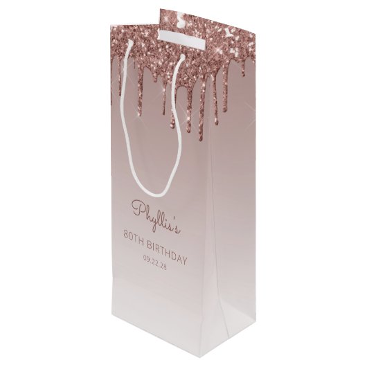 Glitter Drip 80th Birthday Roos Gold Wijn Cadeautas (Achterkant Gekanteld)