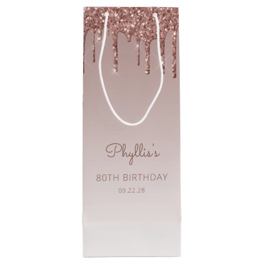 Glitter Drip 80th Birthday Roos Gold Wijn Cadeautas (Achterkant)