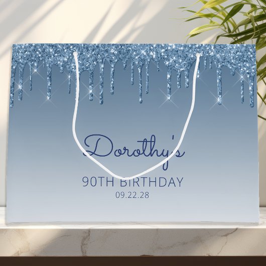 Glitter Drip 90ste verjaardag Blauw Groot Cadeauzakje