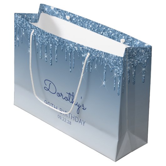 Glitter Drip 90th Birthday Blue Groot Cadeauzakje (Voorkant Gekanteld)