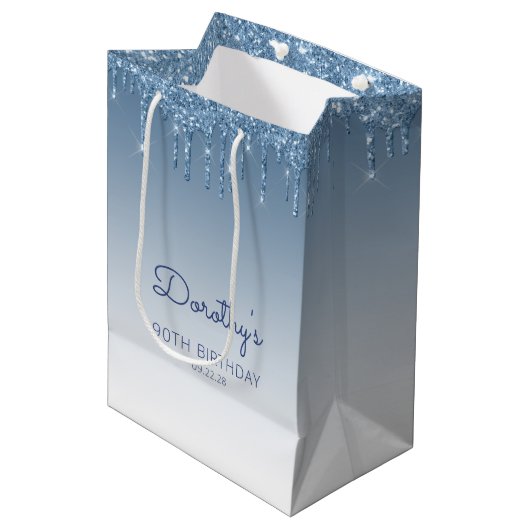Glitter Drip 90th Birthday Blue Medium Gift Bag Cadeauzakje (Voorkant Gekanteld)